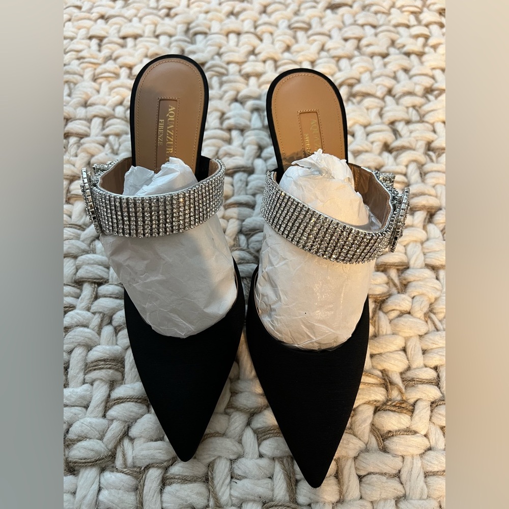 AQUZURRA EMBELLISHED GROSGRAIN HEEL MULES